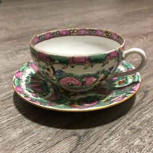 Vintage Chinese Medallion Family Rose Tea Cup & Saucer Set, 3 7/8" D, 2" H (Cup)
